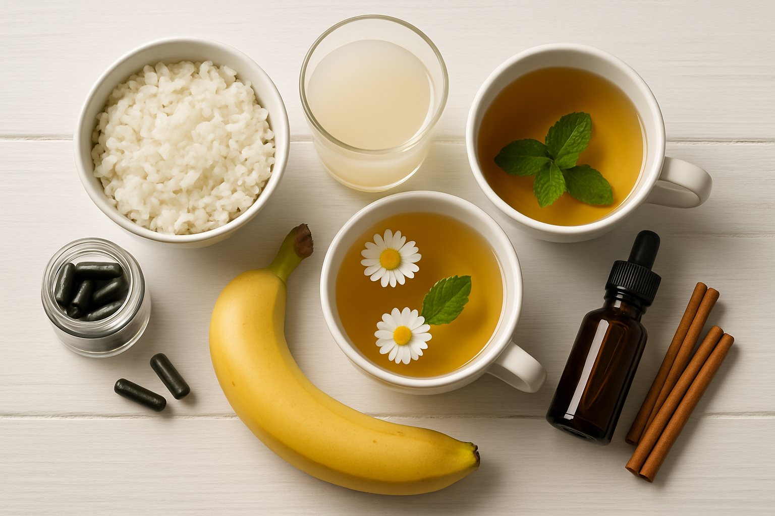 Remèdes naturels pour stopper la diarrhée : riz, banane, tisanes et charbon végétal réunis sur une table