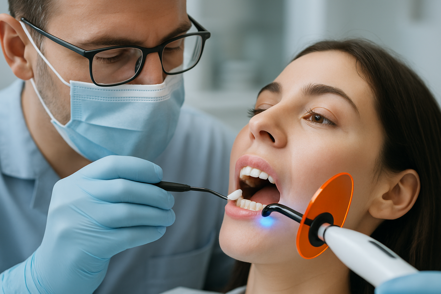 Résine dentaire composite appliquée sur une dent par un chirurgien-dentiste