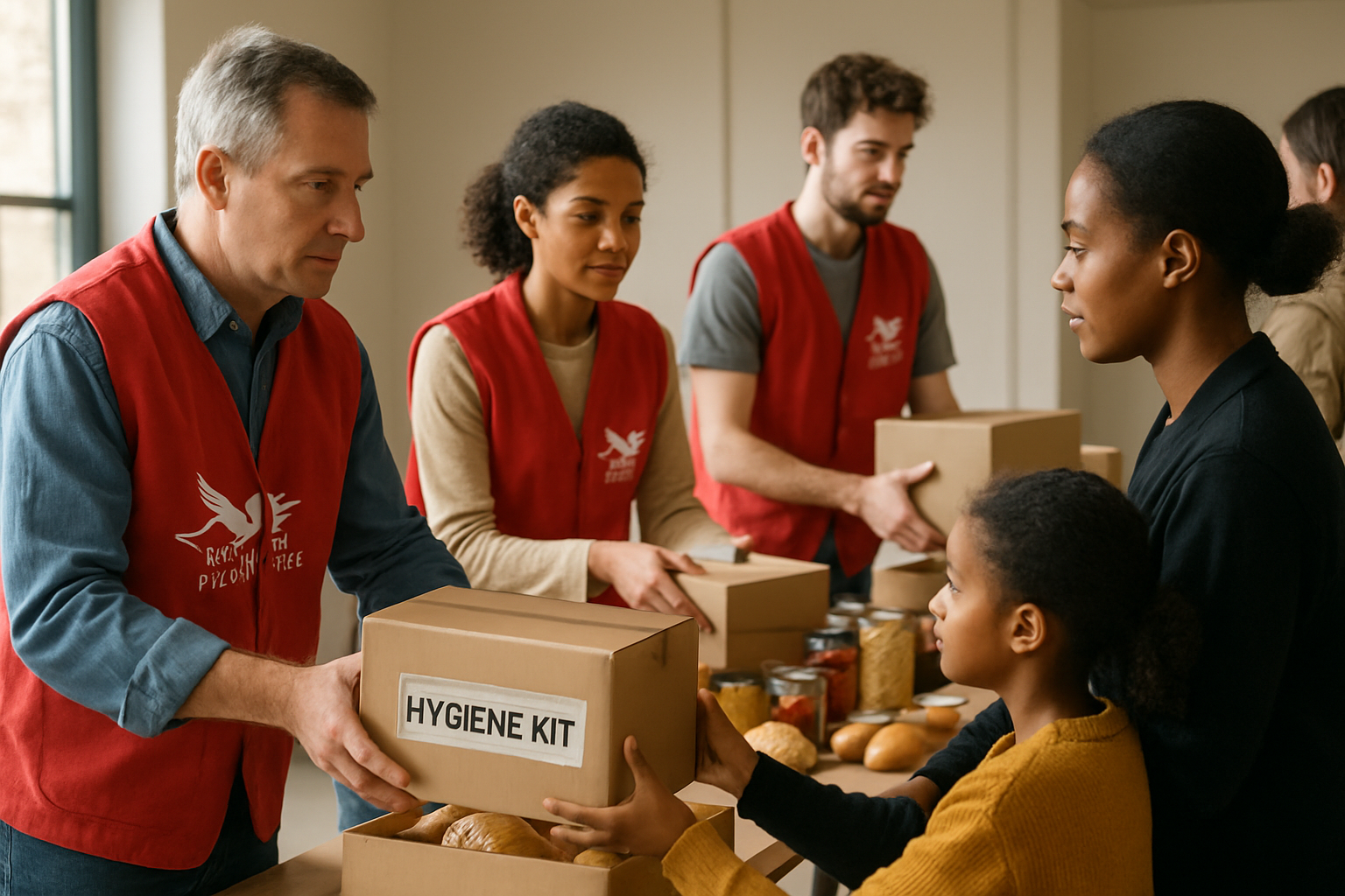 Secours Populaire Français missions - bénévoles distribuant des colis alimentaires à des familles