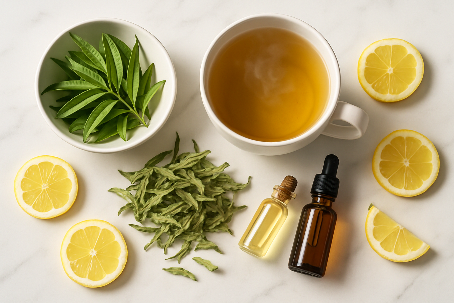 Verveine bienfaits santé - feuilles de verveine citronnée et infusion dans une tasse blanche