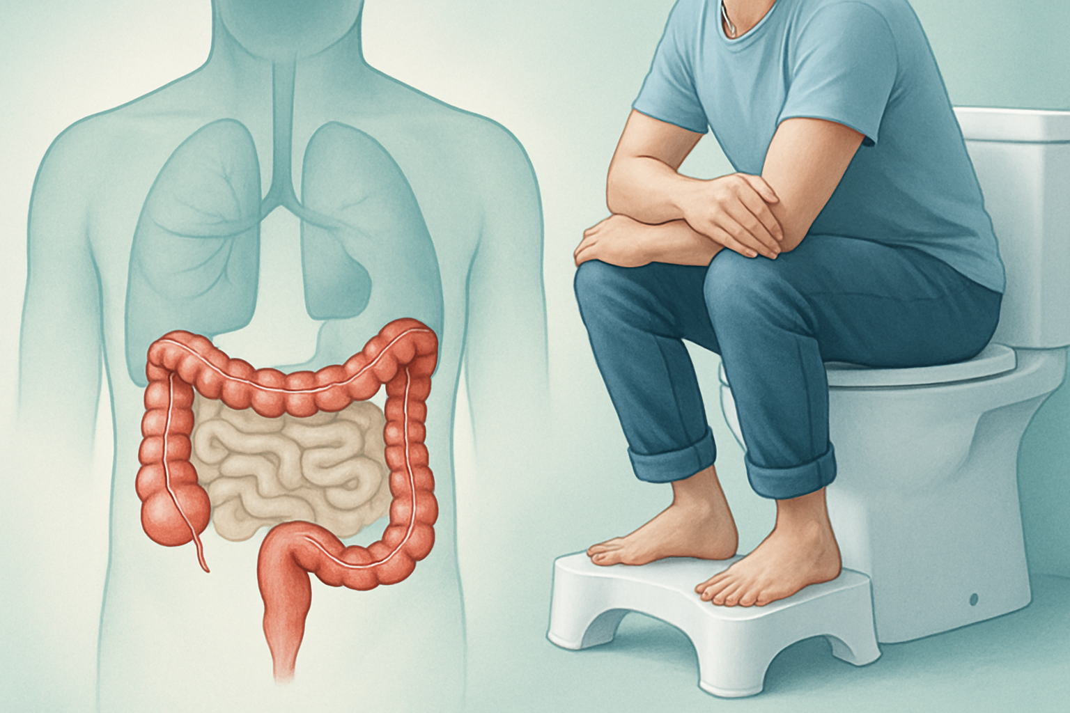Illustration médicale sur aller à la selle : position optimale et transit intestinal