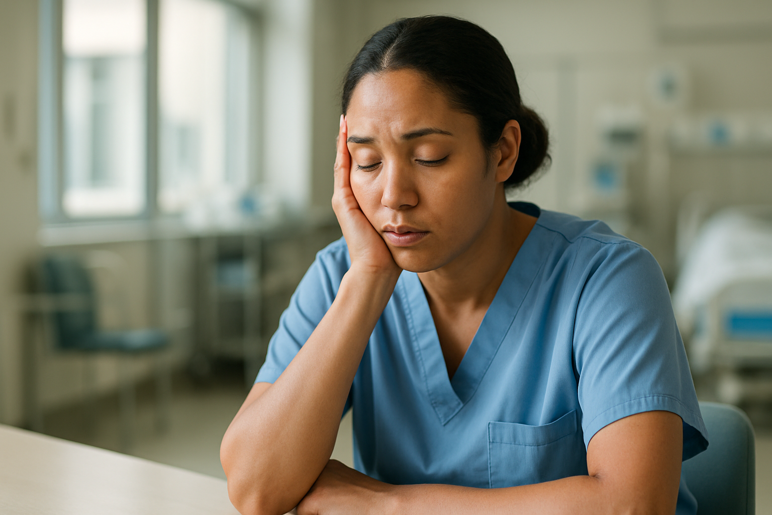 Soignant ayant tout le temps sommeil assis à son bureau d'hôpital l'air épuisé