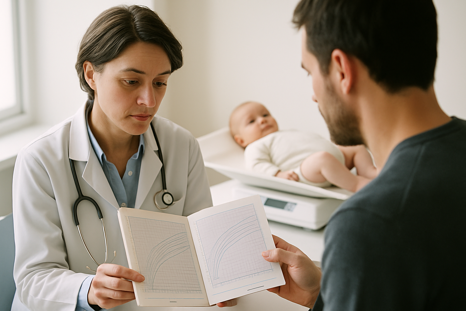 Courbes de croissance carnet de santé : pédiatre expliquant les percentiles à un parent