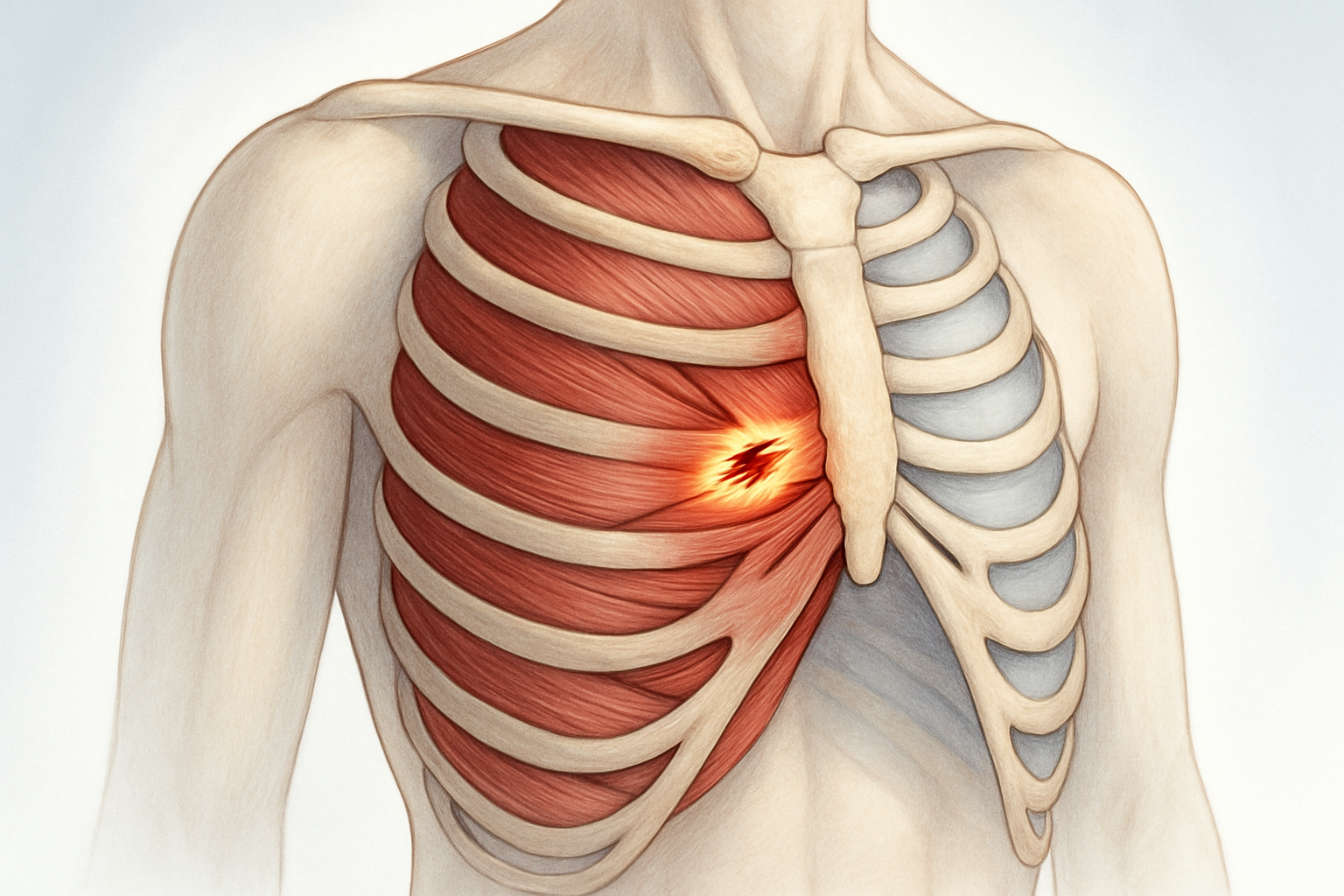 Déchirure intercostale causée par la toux - illustration anatomique des muscles intercostaux