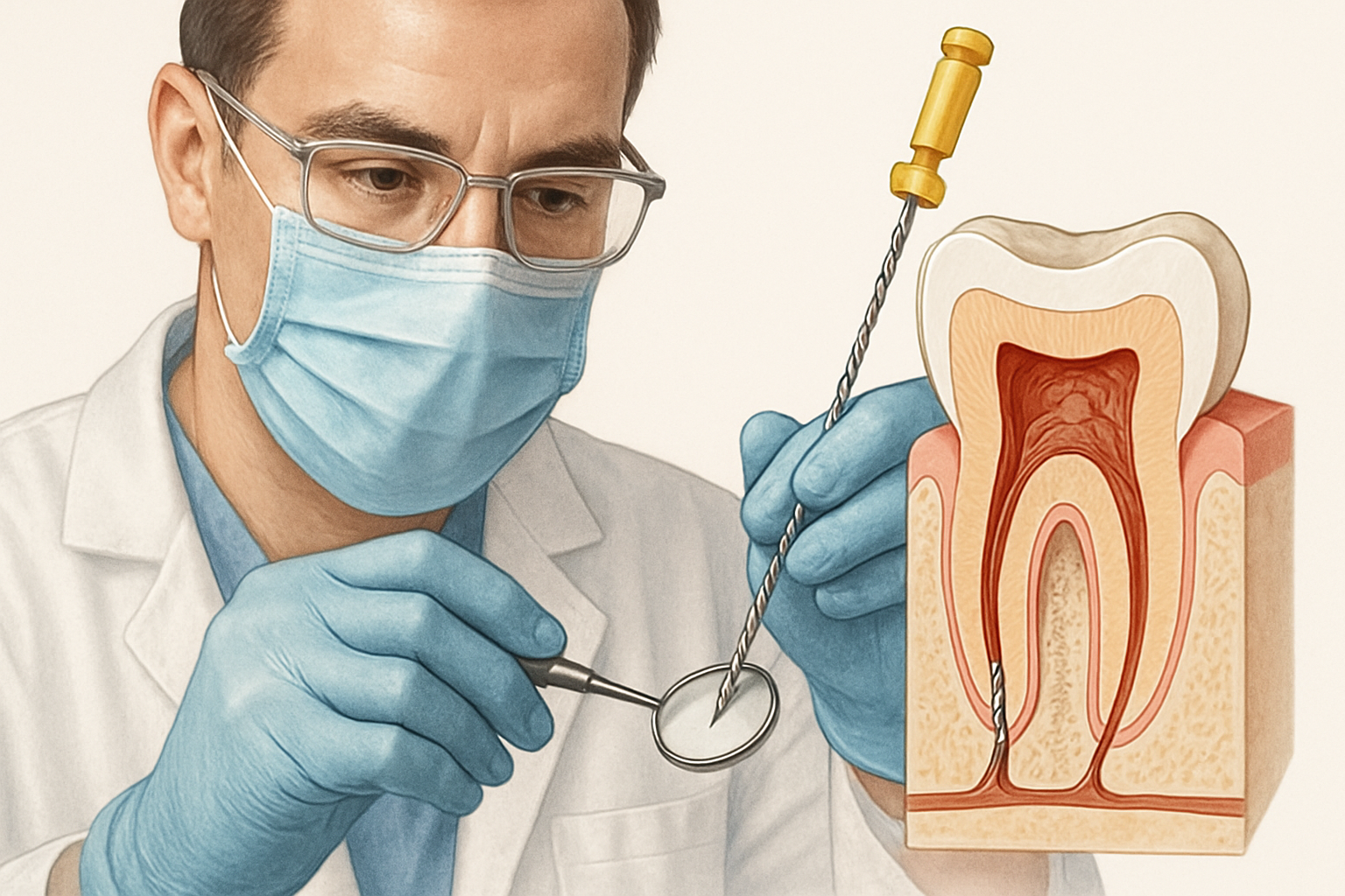 Dévitaliser une dent - illustration d'un traitement endodontique sur une molaire en coupe transversale