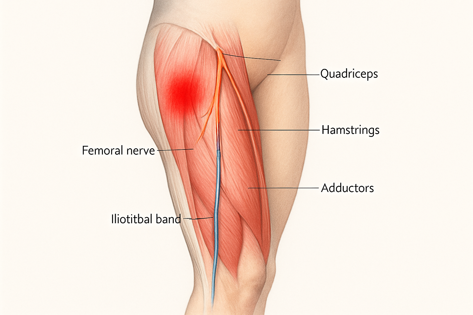 Douleur à la cuisse - illustration anatomique des muscles et zones douloureuses de la cuisse