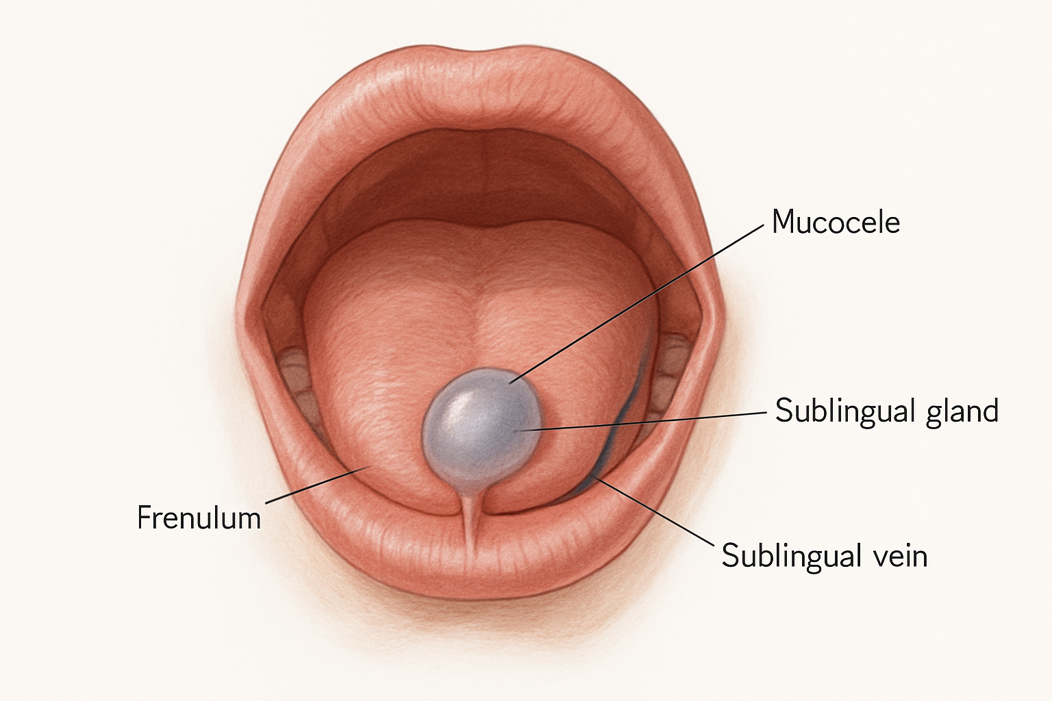 Excroissance sous la langue – illustration médicale d'une mucocèle sur le plancher buccal
