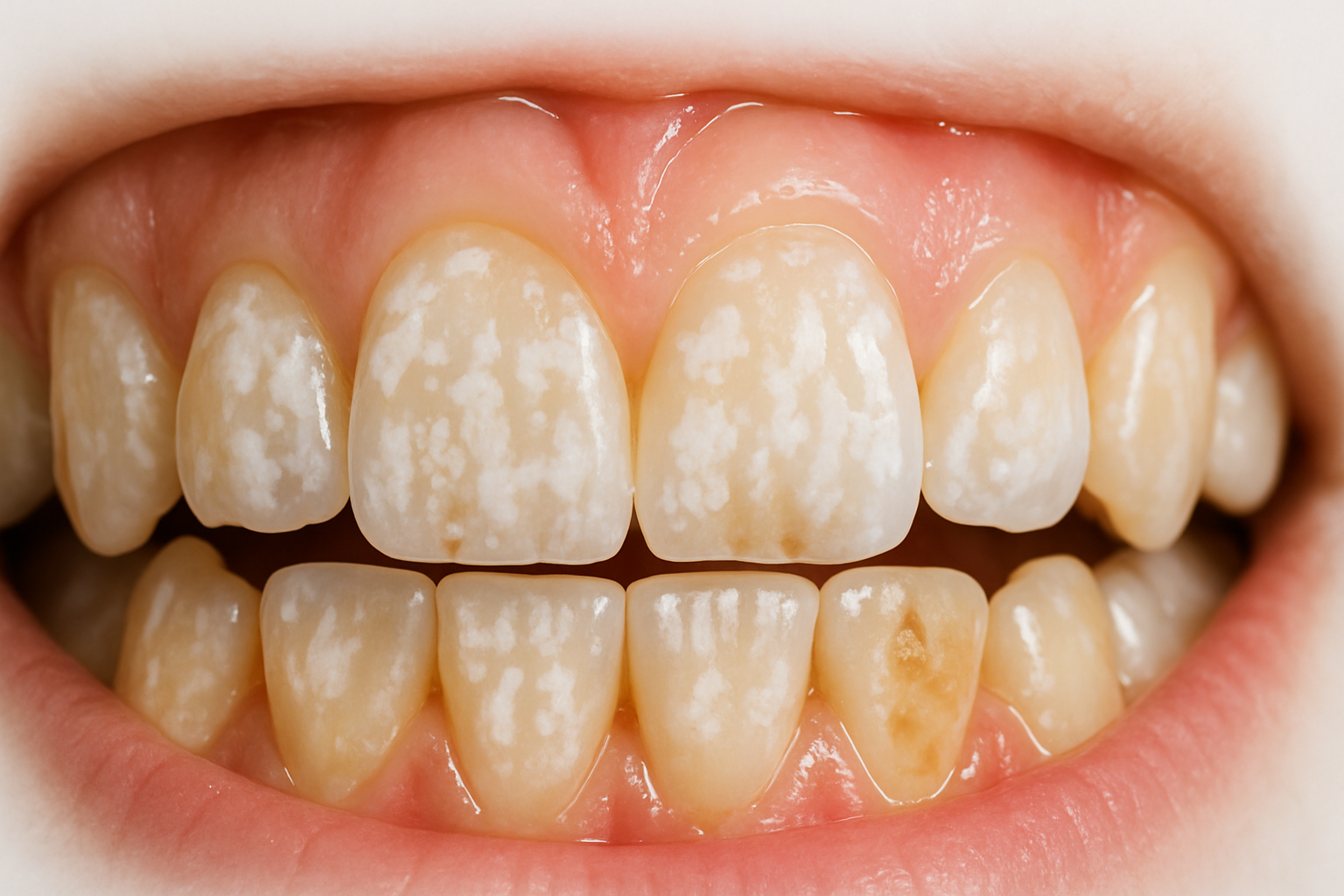 Fluorose dentaire - taches blanches et brunes sur l'émail des dents