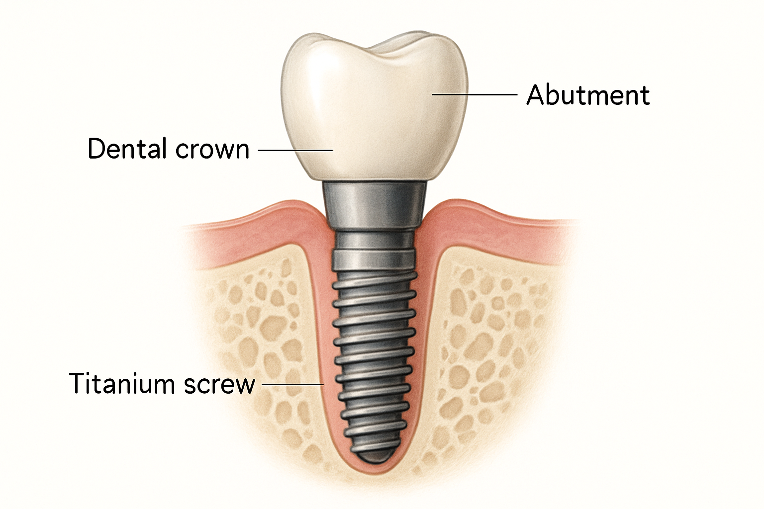 Implants dentaires - schéma anatomique d'une vis en titane dans l'os de la mâchoire avec couronne dentaire