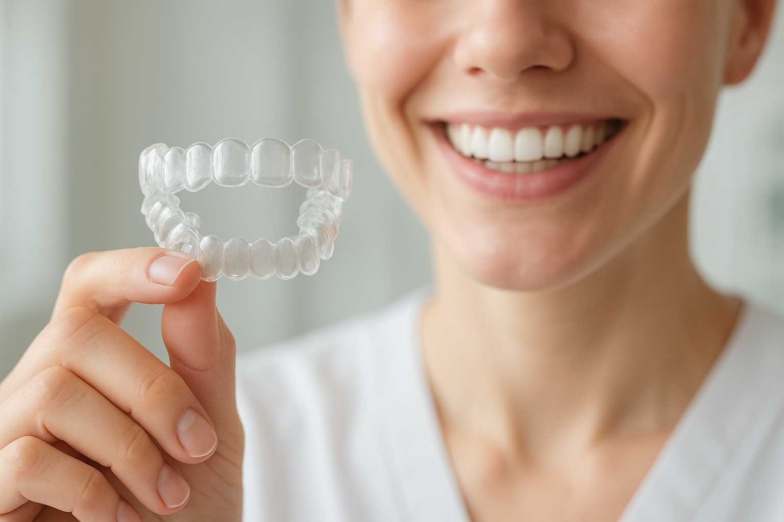 Gouttière transparente Invisalign tenue par un patient souriant