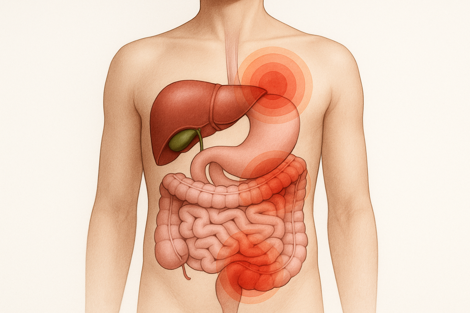 Mal au ventre - illustration médicale des zones de douleur abdominale et organes digestifs