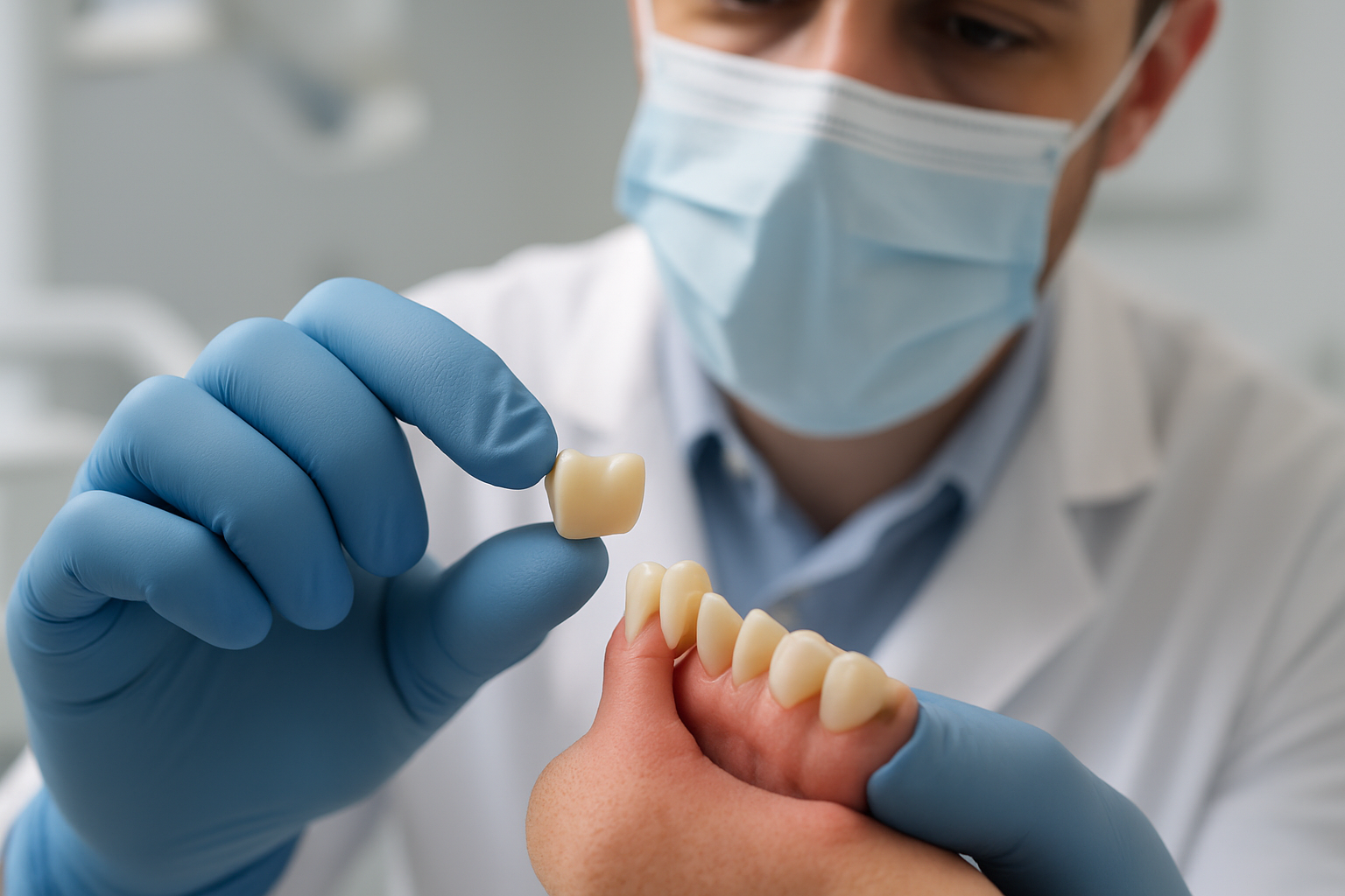 Prothèse fixe couronne dentaire en céramique tenue par un dentiste lors de la pose