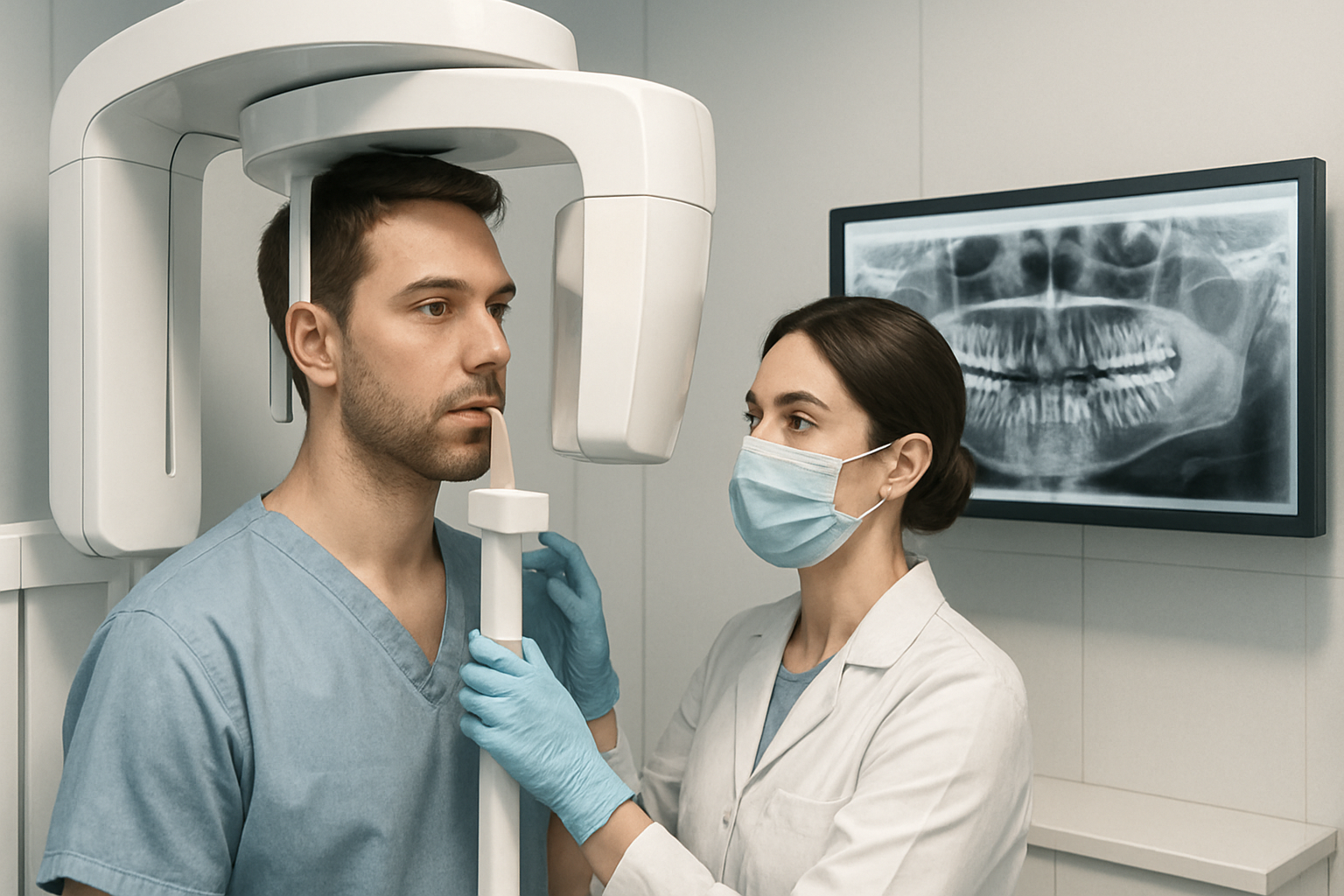 Radiologie panoramique dentaire - patient positionné devant un appareil OPG en centre de radiologie