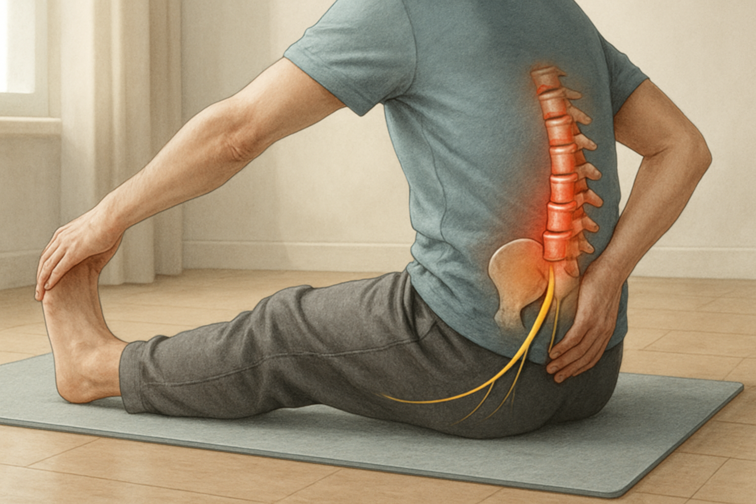 Remèdes naturels contre la sciatique - étirement doux de la jambe sur tapis de yoga