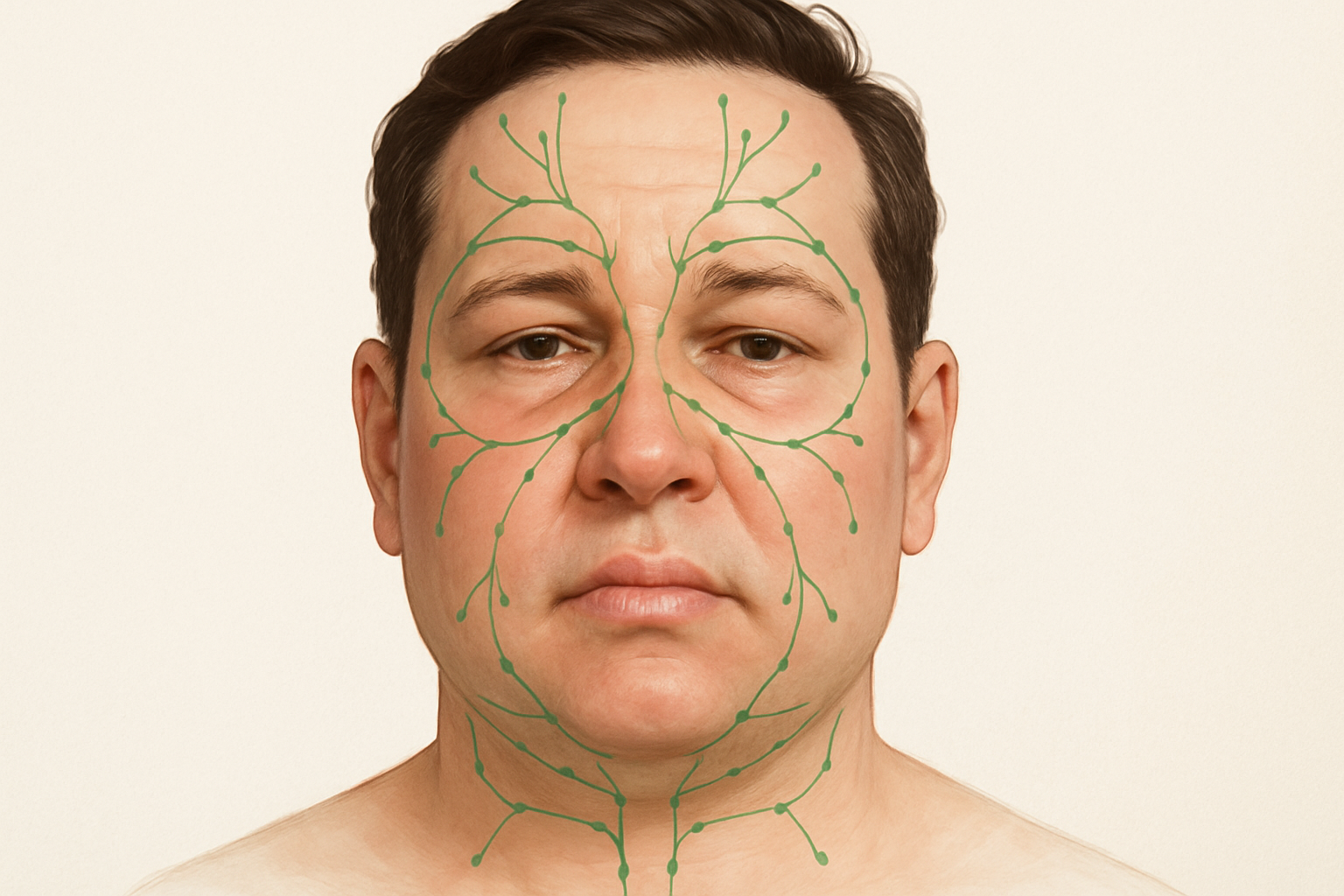 Visage qui gonfle - illustration médicale de l'œdème facial et du drainage lymphatique