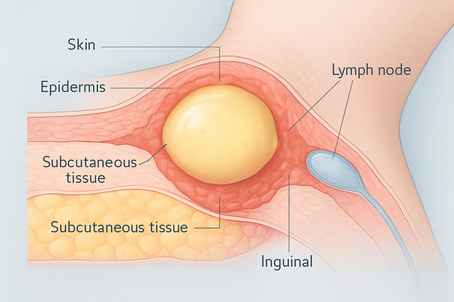 Abcès inguinal – illustration médicale montrant la coupe d'un abcès dans la région de l'aine