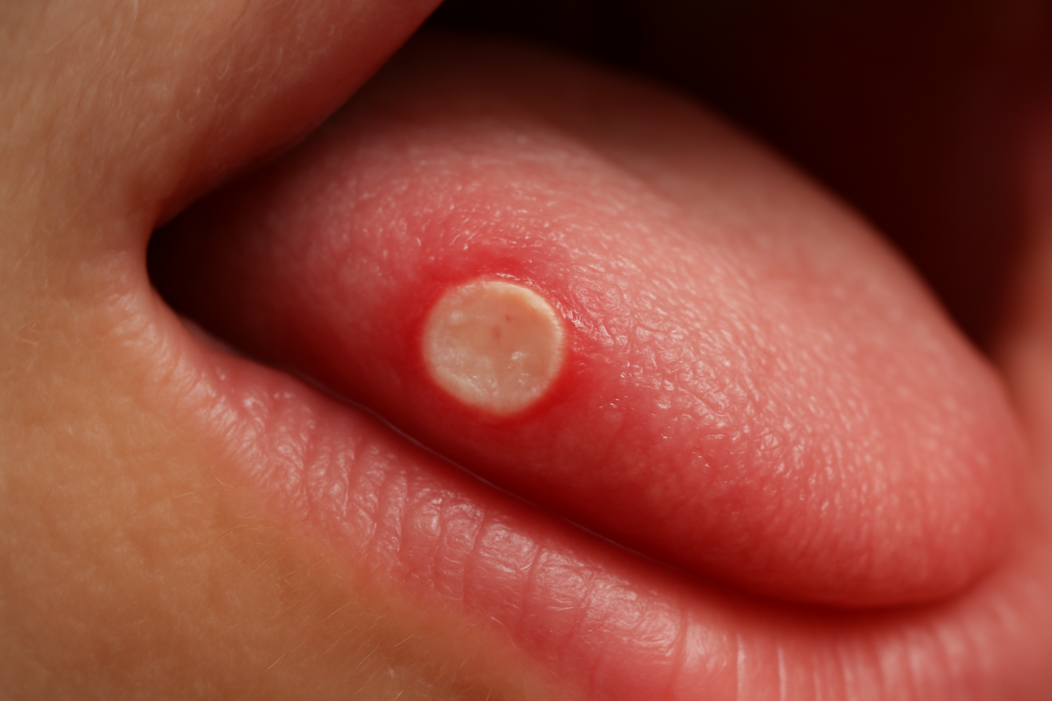 Aphte sur la langue et dans la bouche : ulcération blanchâtre entourée d'un halo rouge