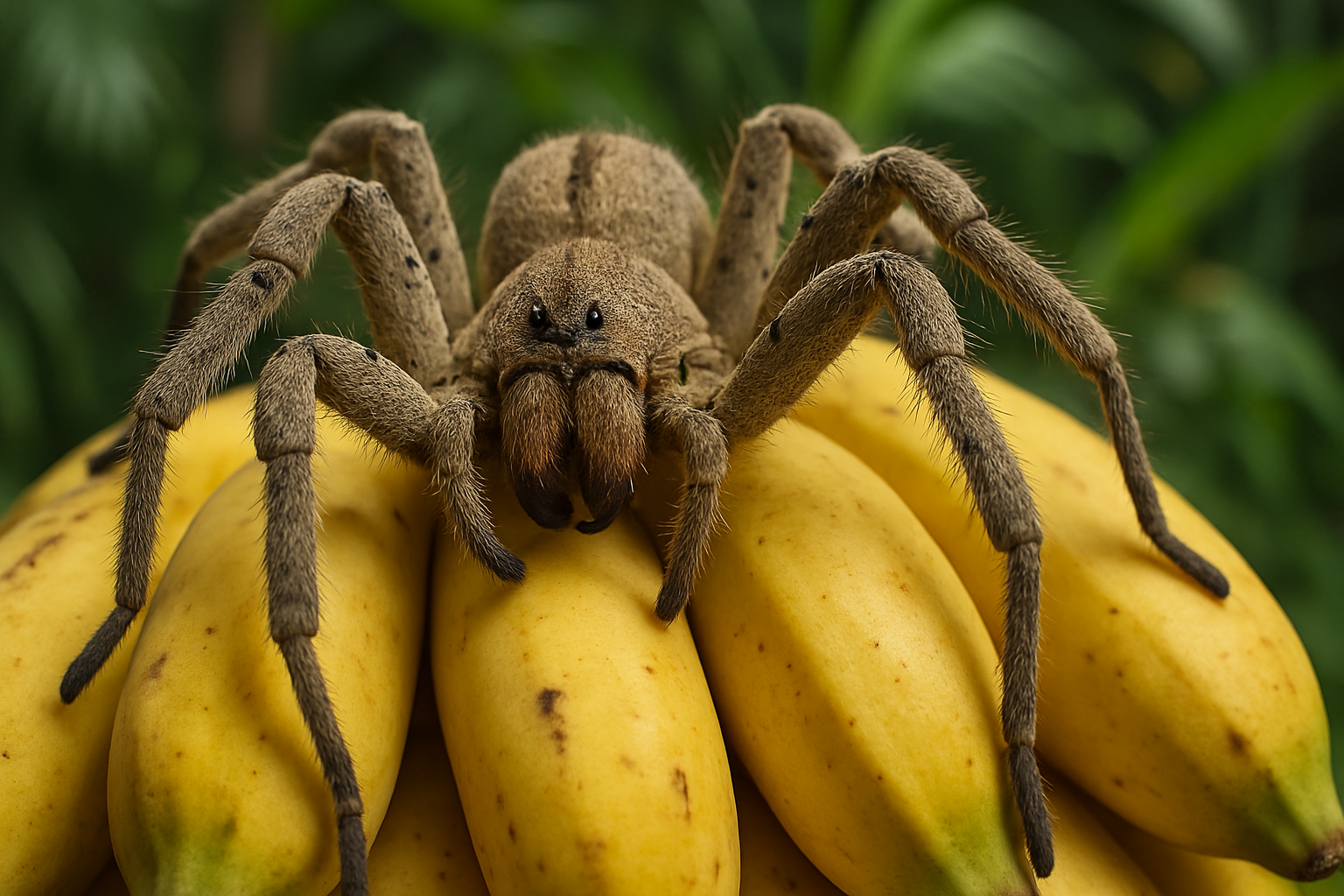 Araignée banane Phoneutria sur un régime de bananes, vue de près
