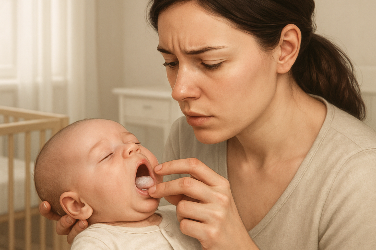 Langue blanche chez le bébé - mère examinant la bouche de son nourrisson