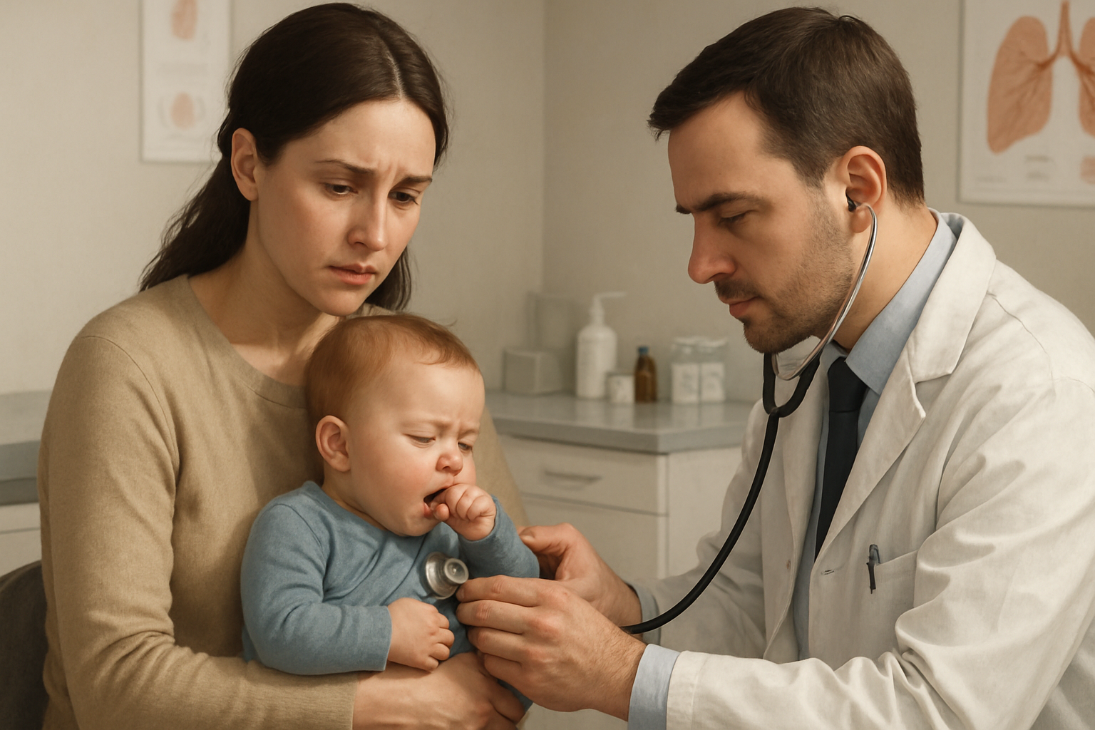 Coqueluche bébé et adulte symptômes - mère et nourrisson en consultation pédiatrique