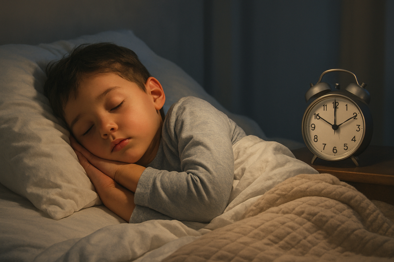 Heure de coucher idéale - enfant endormi sereinement dans son lit à 20h