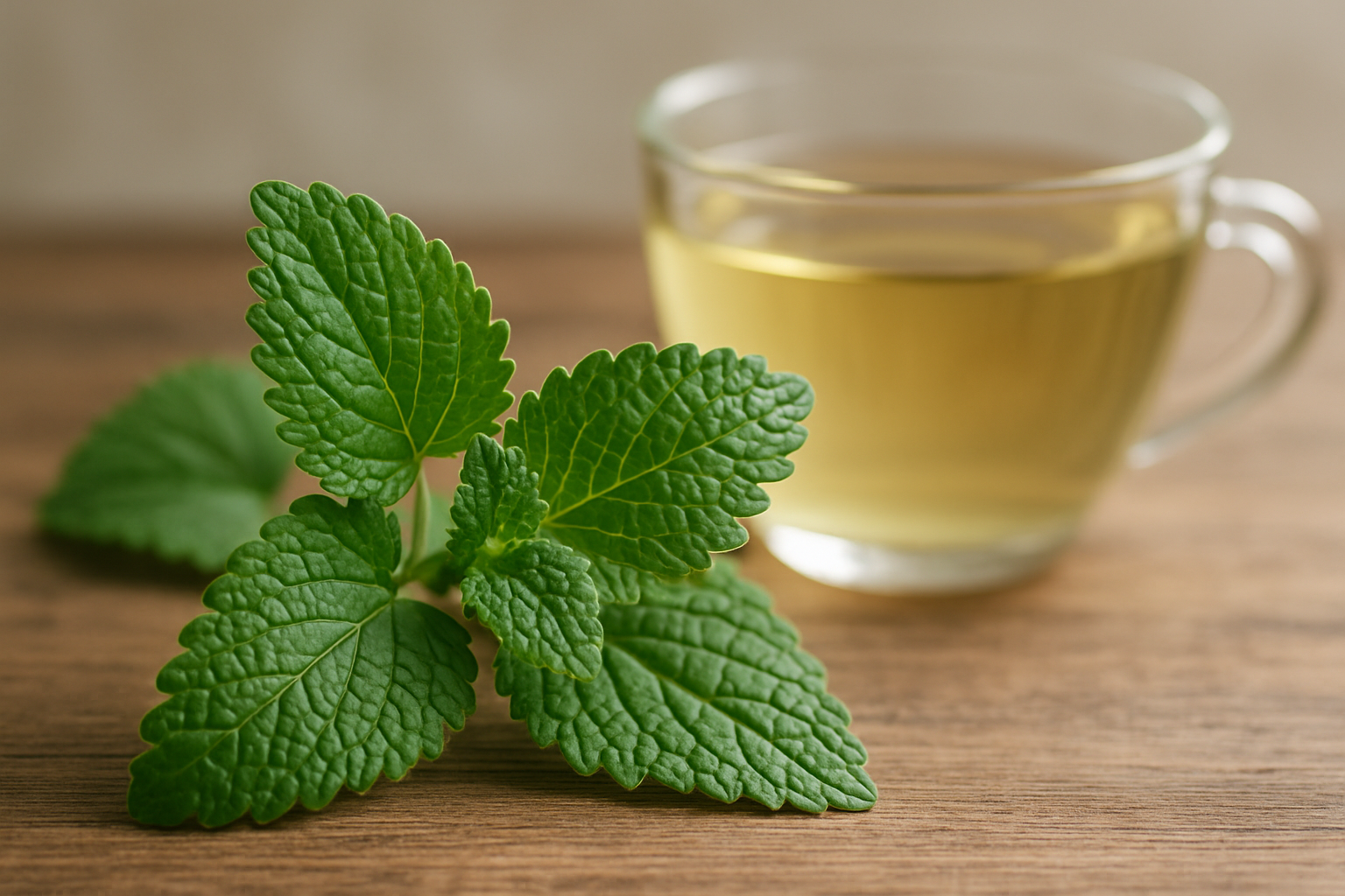 Mélisse bienfaits propriétés tisane - feuilles fraîches de Melissa officinalis et infusion en tasse