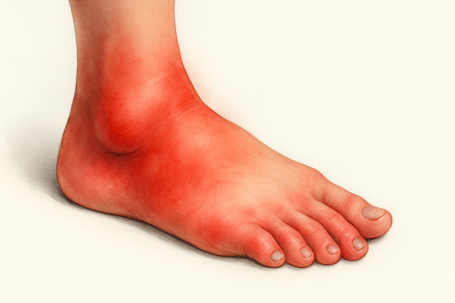 Pied gonflé douloureux et rouge avec inflammation visible autour de la cheville