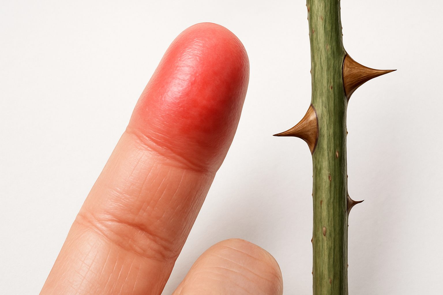 Piqûre de rosier doigt enflé rouge après contact avec une épine