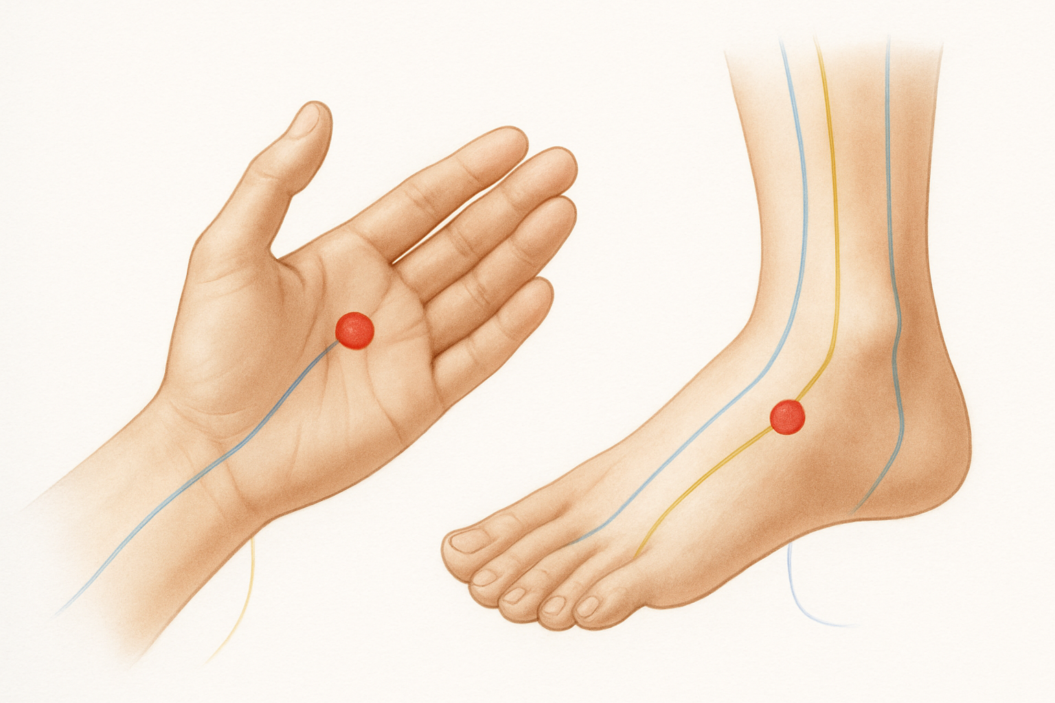Points d'acupuncture pour la migraine sur la main et le pied avec méridiens