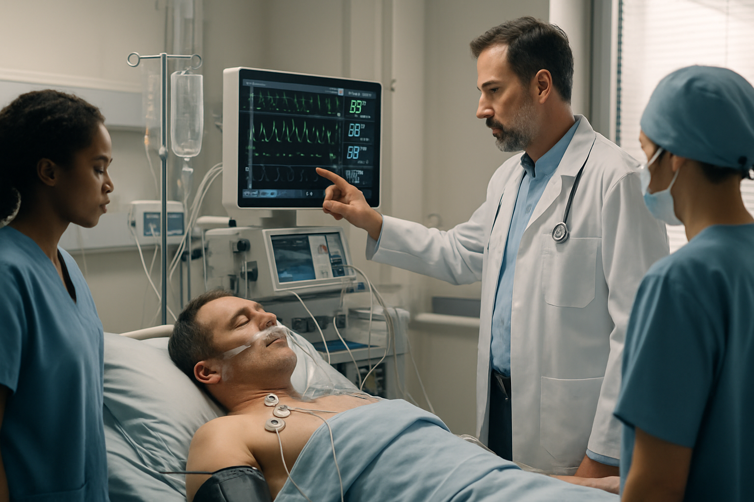 Pronostic vital engagé ou réservé — équipe médicale en réanimation surveillant un patient critique