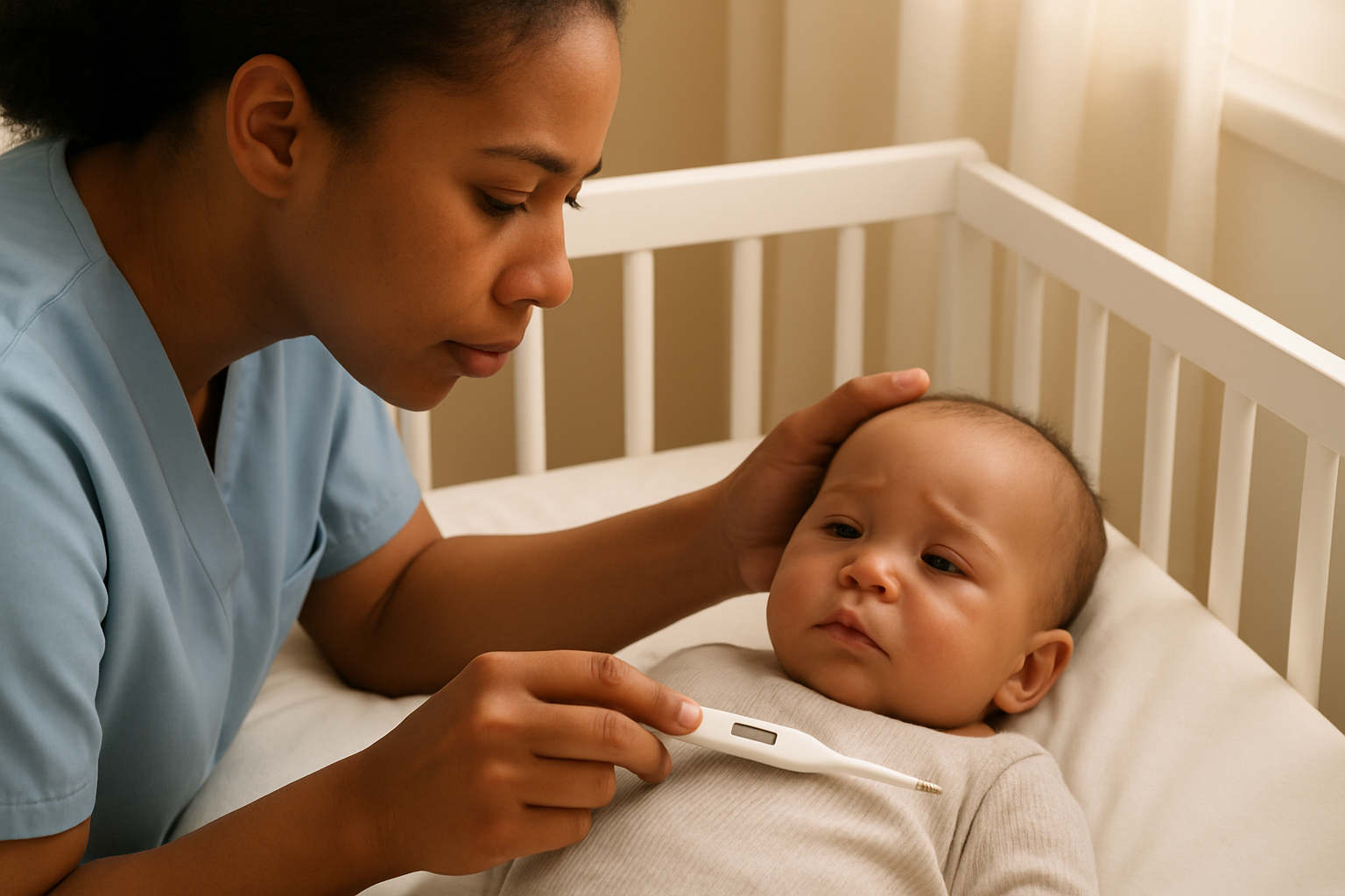 Adénovirus chez le bébé : parent prenant la température d'un nourrisson avec thermomètre