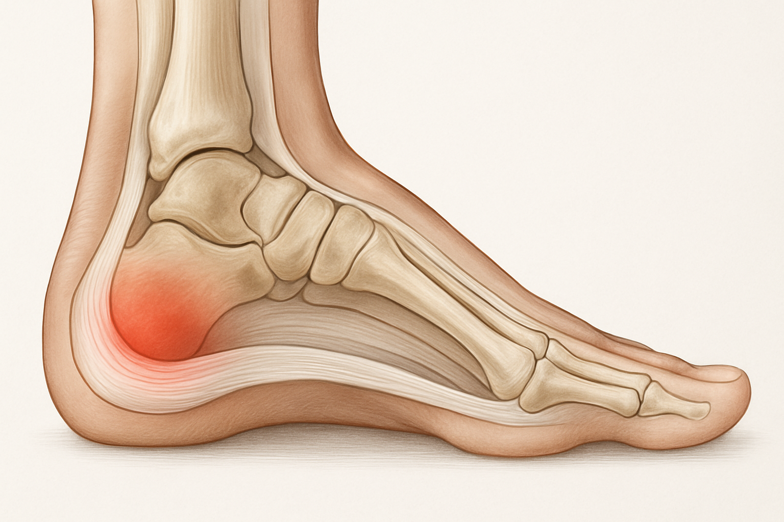 Aponévrosite plantaire : schéma anatomique montrant l'inflammation du fascia plantaire au niveau du talon