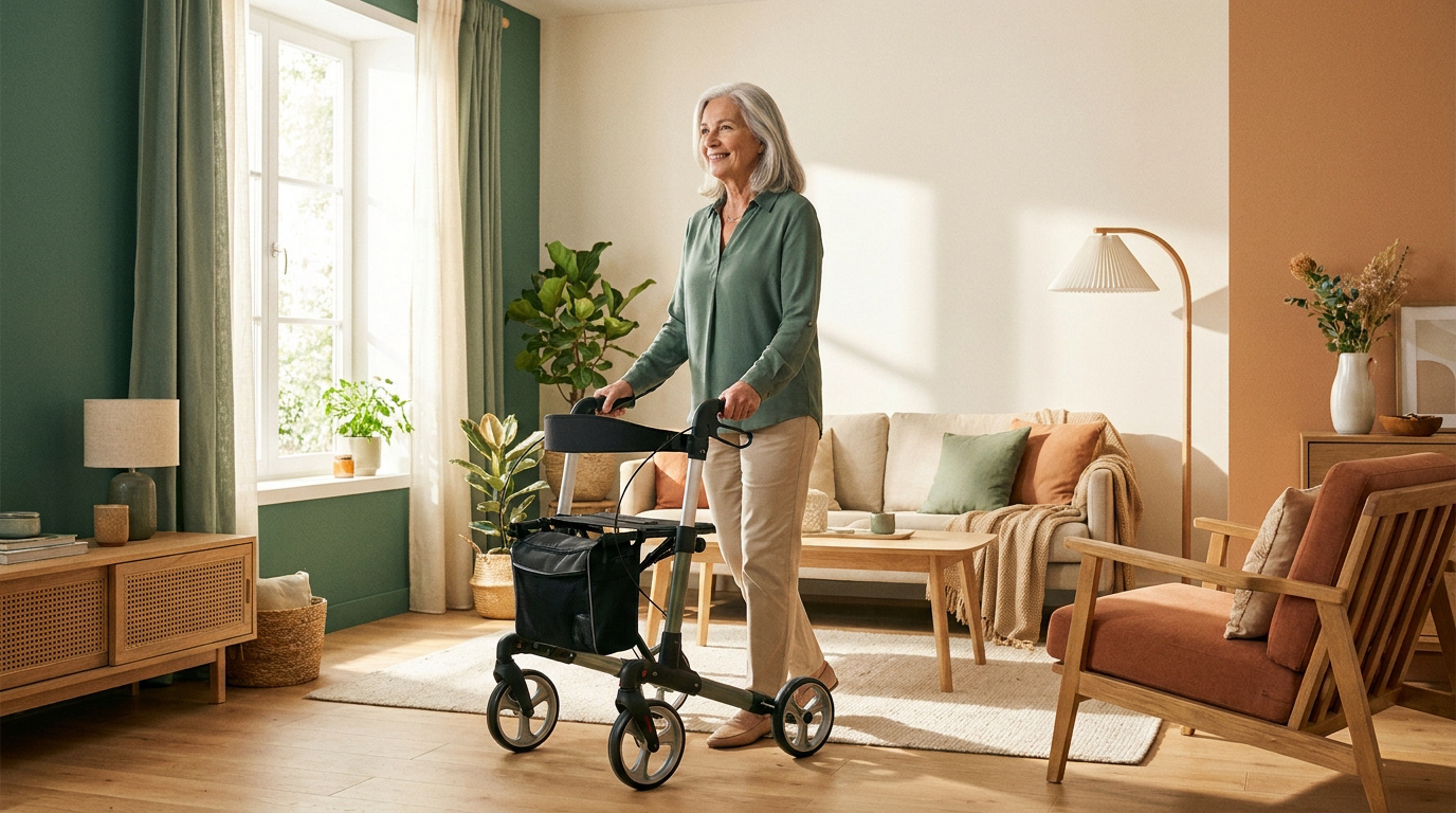 Femme senior souriante utilisant son déambulateur dans un salon lumineux