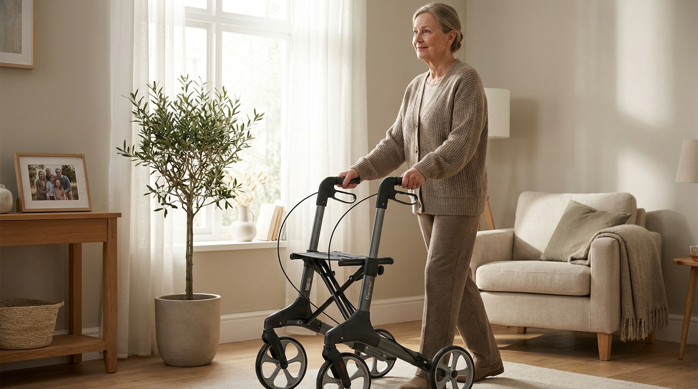 Une femme âgée souriante marchant chez elle avec un rollator moderne près d'une fenêtre.