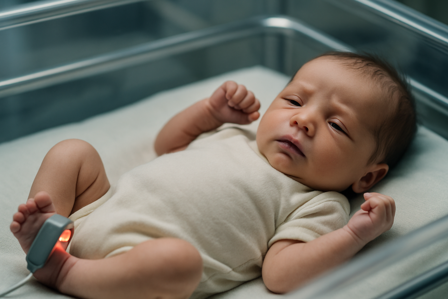 Cyanose chez le bébé — nourrisson avec coloration bleutée des lèvres sous surveillance médicale