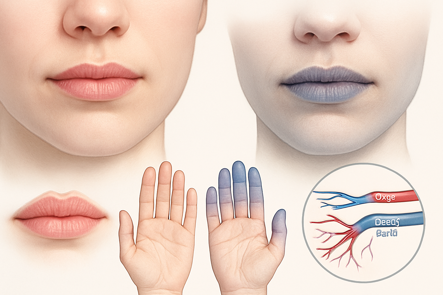 Cyanose des lèvres et extrémités : coloration bleutée des doigts et des lèvres illustrant le manque d'oxygène