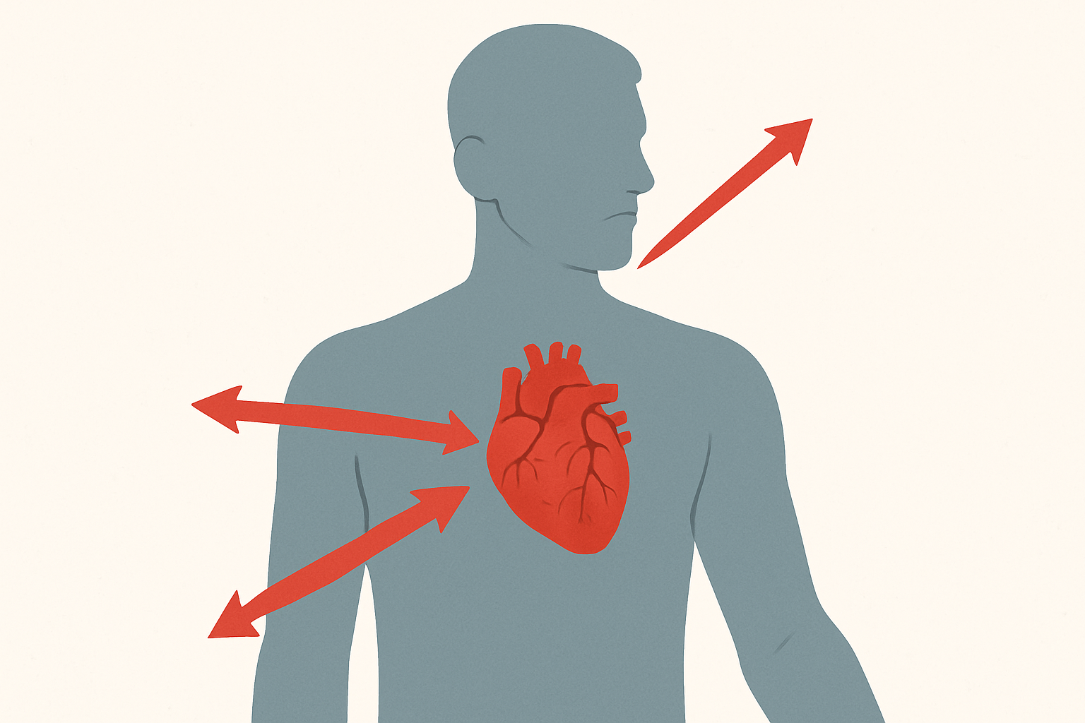 Douleur bras gauche et infarctus : schéma d'irradiation de la douleur cardiaque vers le bras gauche et la mâchoire