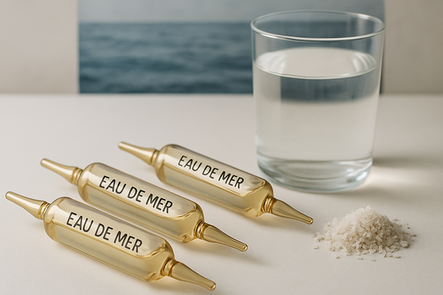 Eau de Quinton hypertonique en ampoules posées près d'un verre d'eau, reminéralisation naturelle