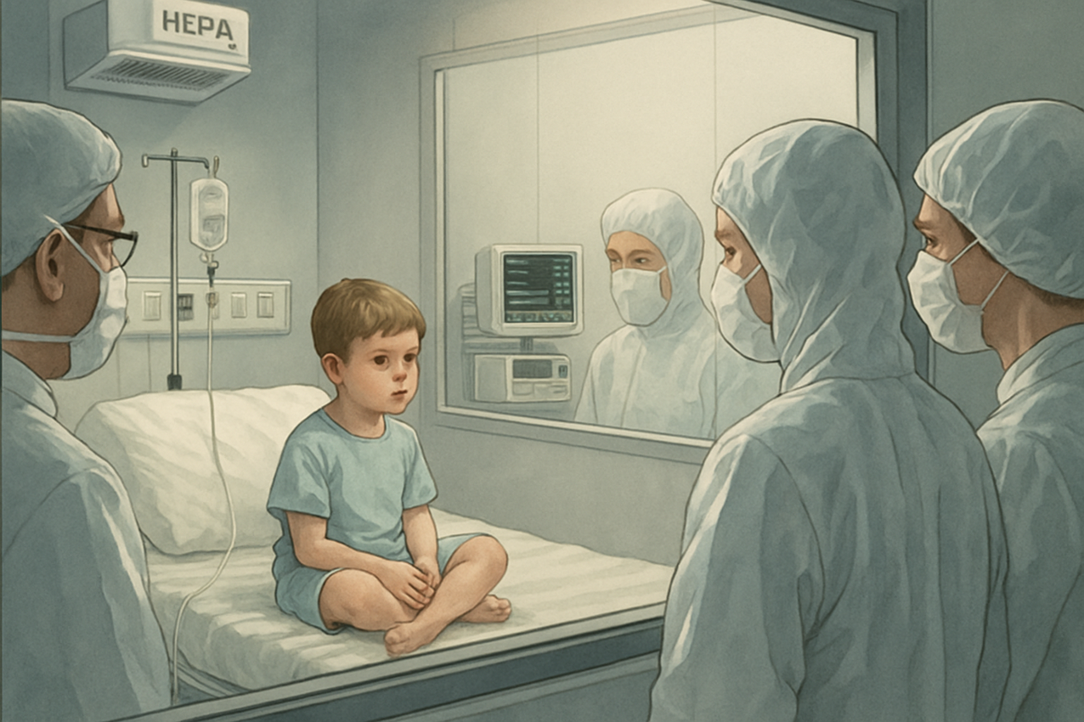 Enfant bulle dans une chambre stérile avec équipement médical de filtration d'air