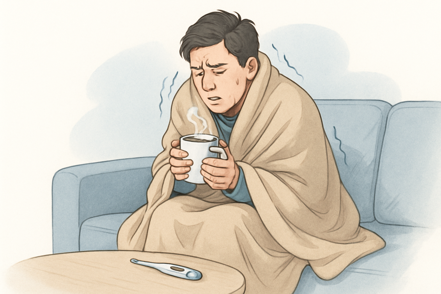 Frissons avec ou sans fièvre - personne frissonnante enveloppée dans une couverture