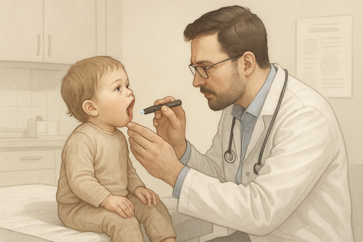 Gingivostomatite herpétique chez l'enfant - pédiatre examinant la bouche d'un jeune enfant