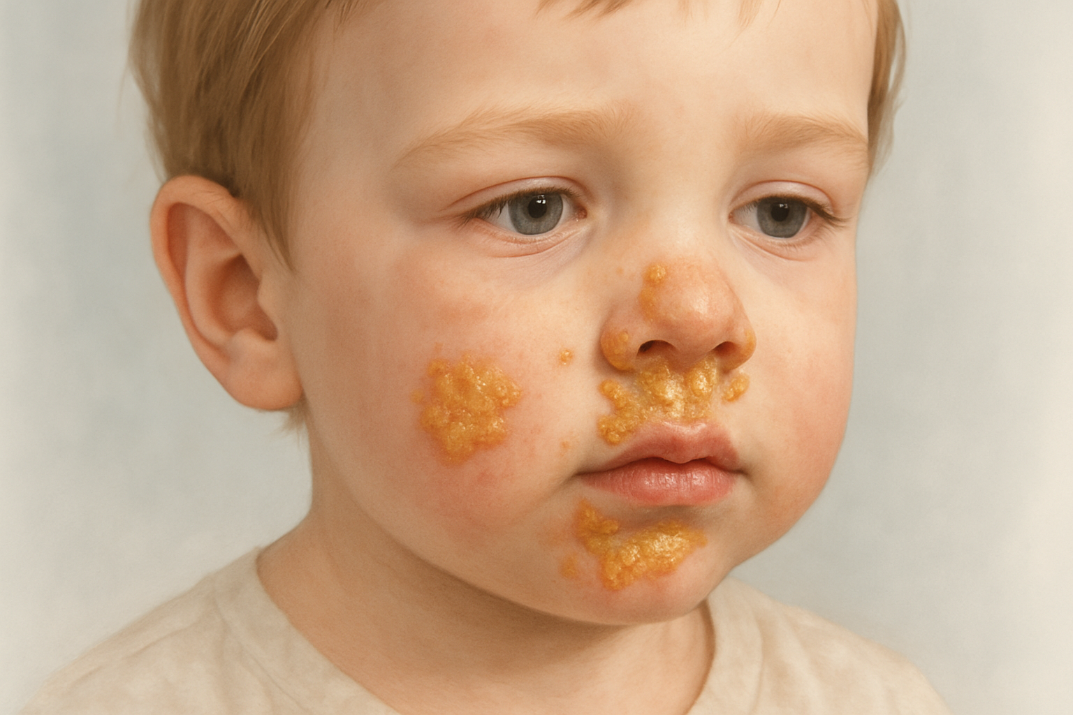 Impétigo chez le bébé et l'enfant - croûtes jaunâtres caractéristiques autour du nez et de la bouche