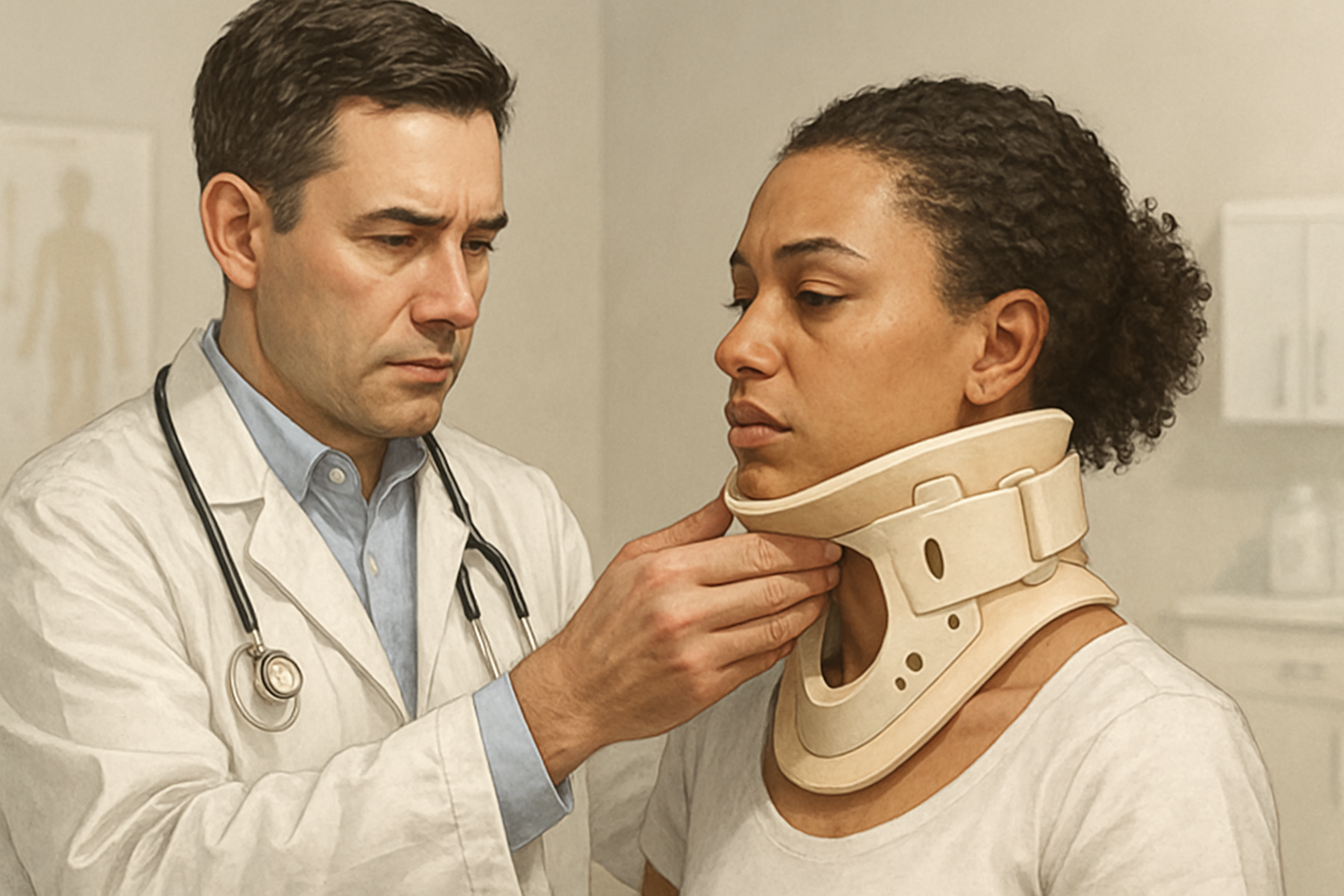 Minerve pour le cou - ajustement d'un collier cervical rigide par un professionnel de santé