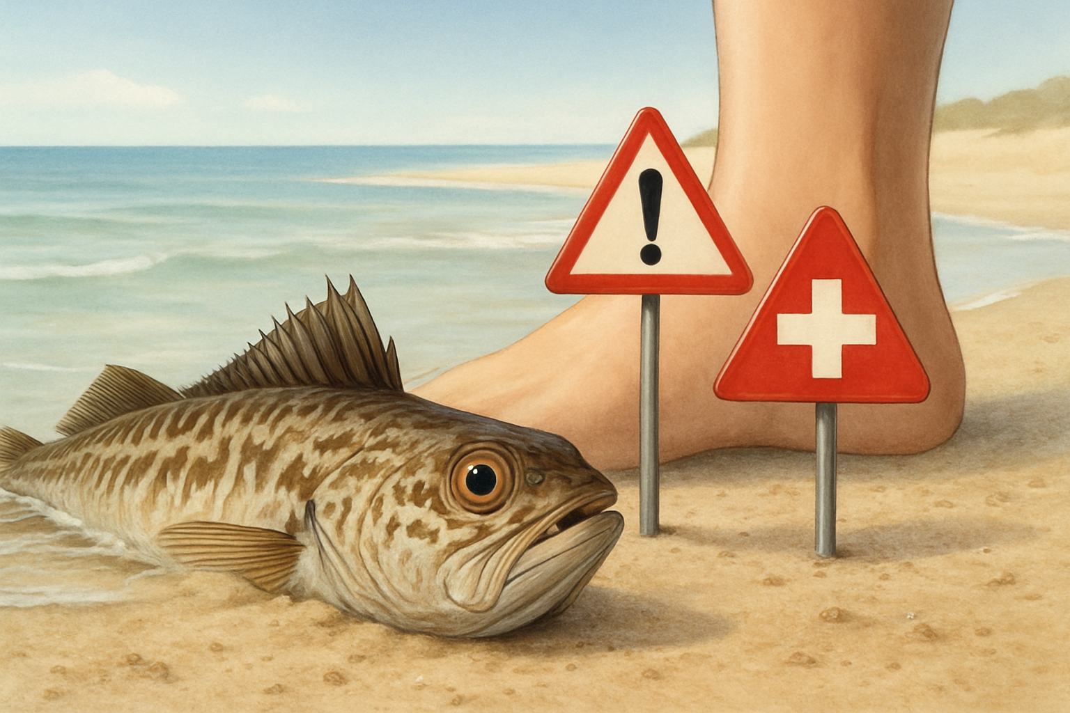 Piqûre de vive : poisson vive enfoui dans le sable avec une main en geste de premiers secours