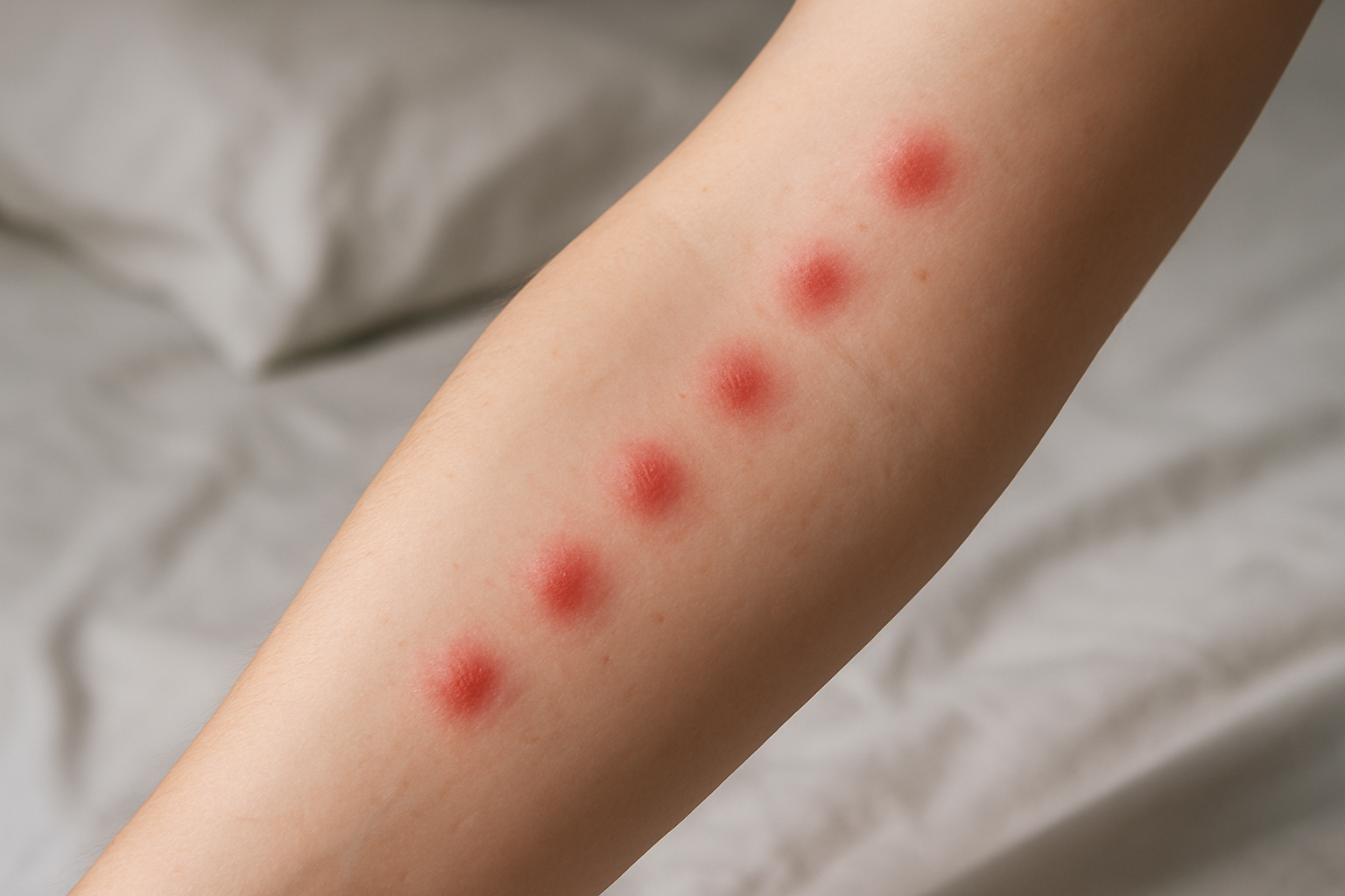 Piqûres de punaises de lit alignées sur un bras humain