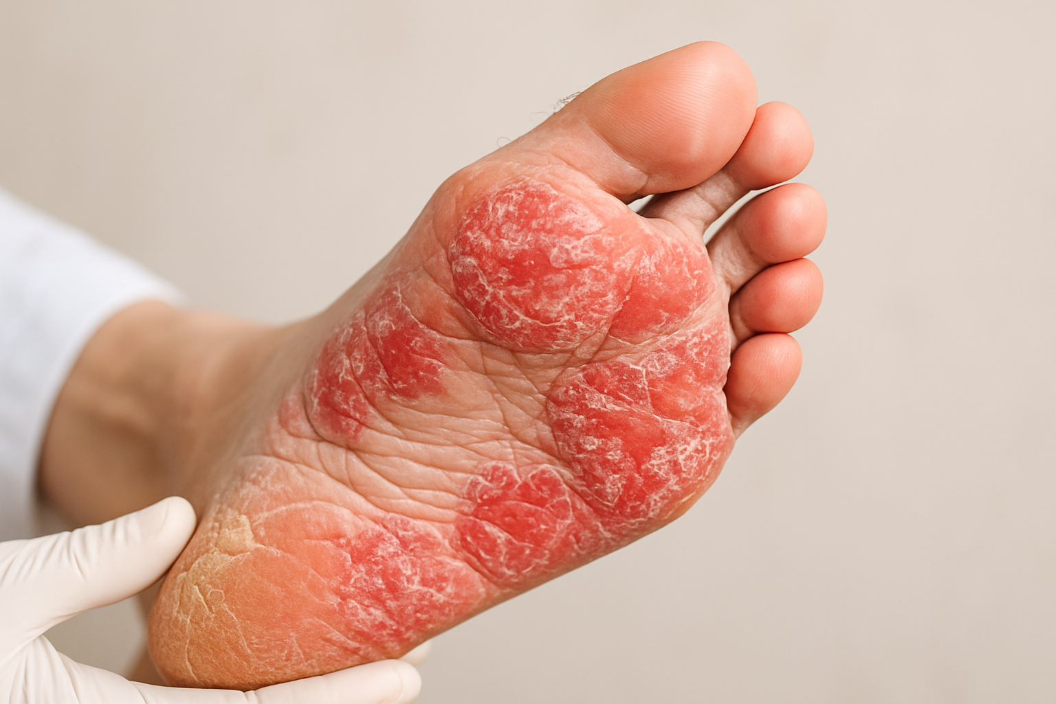 Psoriasis du pied : plaques rouges squameuses sur la plante du pied