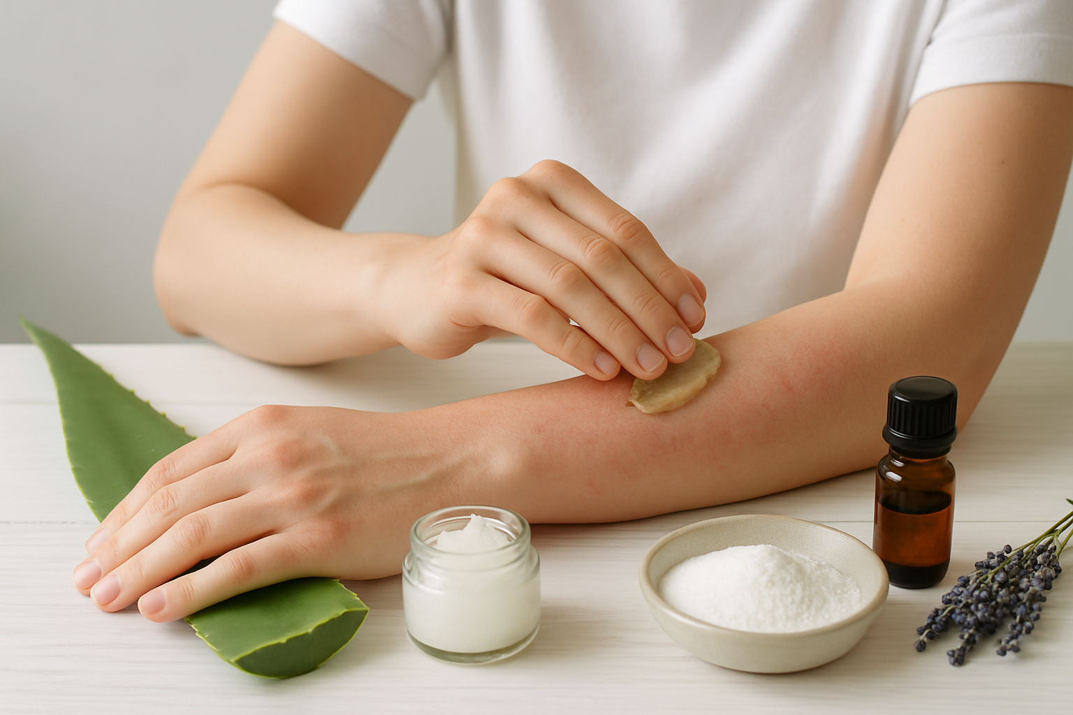 Remèdes naturels contre les démangeaisons de peau - application d'aloe vera sur peau irritée