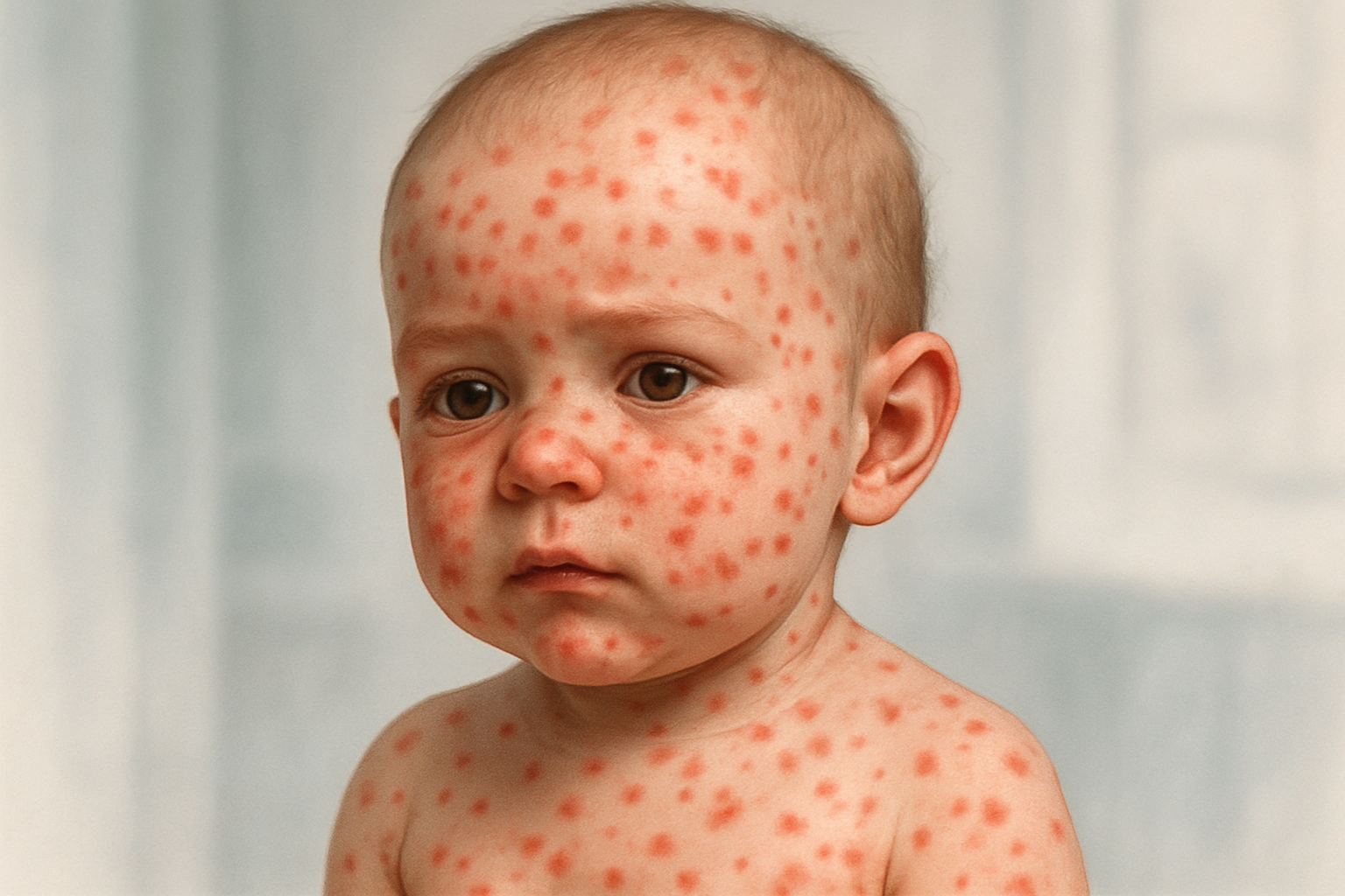 Rougeole bébé boutons - éruption cutanée rouge derrière les oreilles et sur le visage