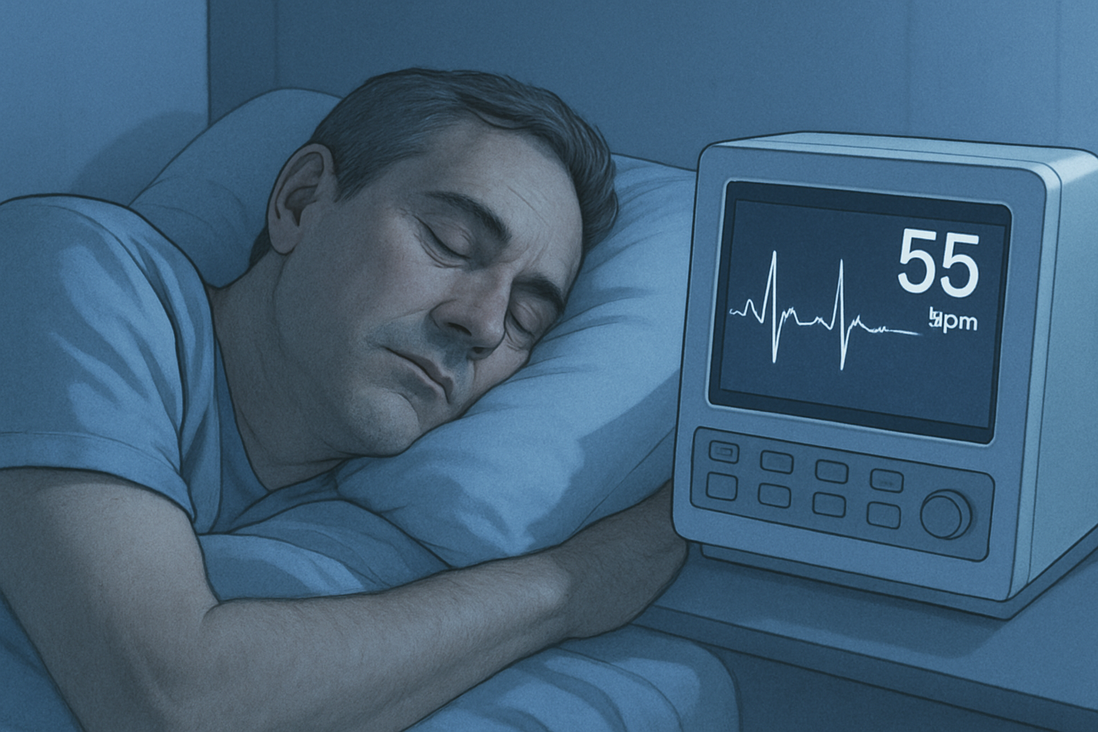 Rythme cardiaque normal en dormant - adulte endormi avec monitoring cardiaque