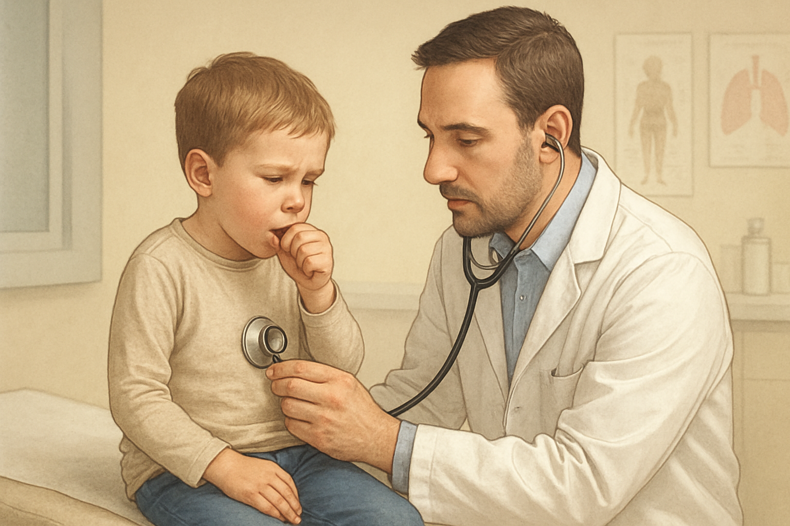 Toux à répétition chez l'enfant examiné par un pédiatre avec stéthoscope